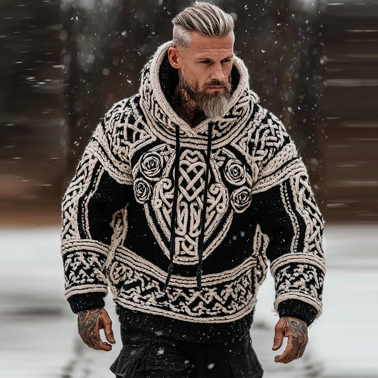 Mens Printed Hooded Knitted Sweatshirt Top