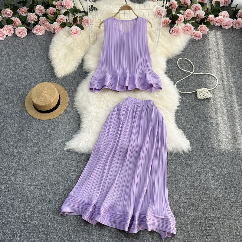 Casual Elegance Sleeveless Ruffled Loose Top And Skirt Two-piece Set