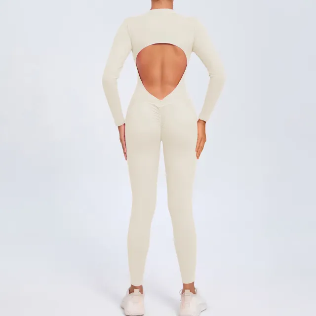 Women's Solid Color Backless Long sleeve Zipper One piece Beige - Shop at LoveMi