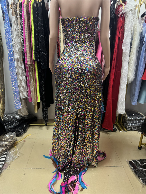 Women's Color Feather Sequins High Slit Tube Top Dress