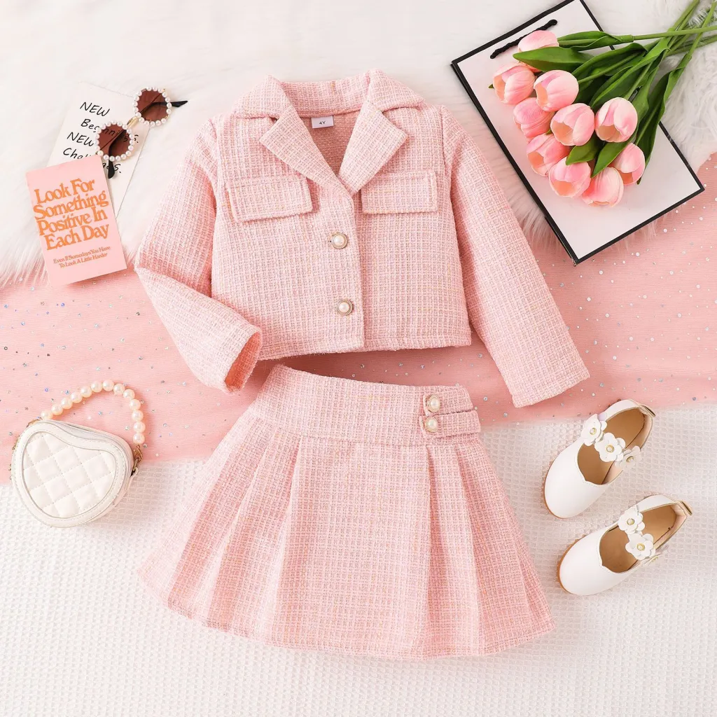 Long-sleeved Coat With Mid-waist Skirt Two-piece Set - Pink