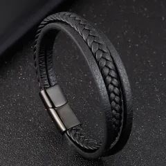 Titanium Steel Men's Leather Bracelet Double Layer - Black - View 1