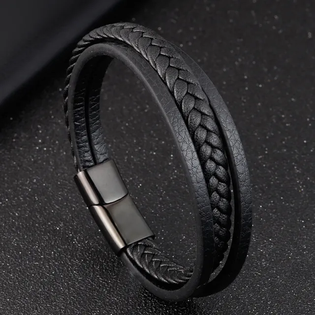 Titanium Steel Men's Leather Bracelet Double Layer Black - Shop at LoveMi