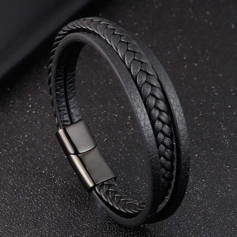 Titanium Steel Men's Leather Bracelet Double Layer - Black