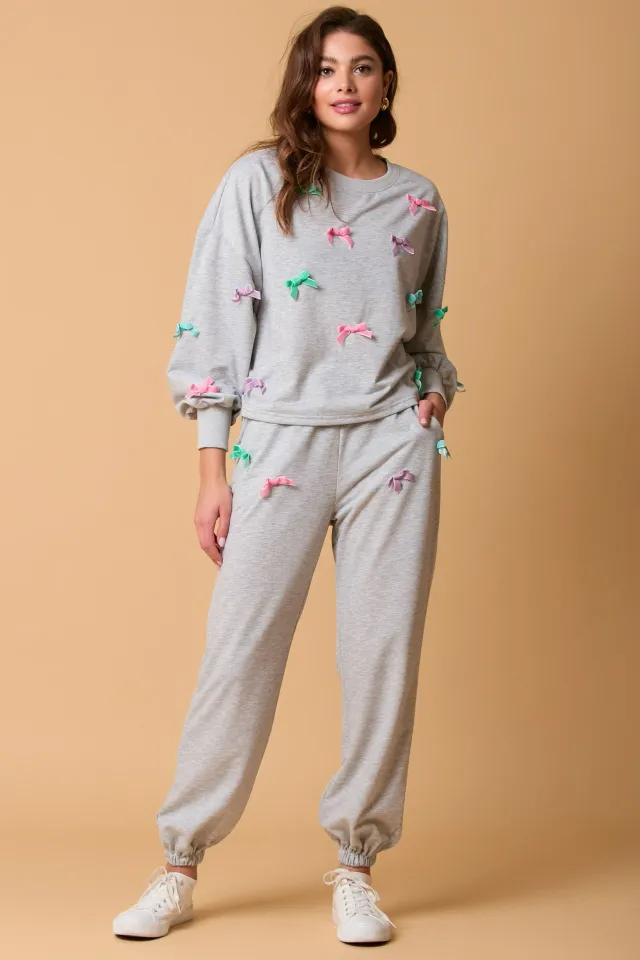 Multi color Bow Decoration Long sleeved Ankle tied Trousers Two piece Suit Gray - Shop at LoveMi