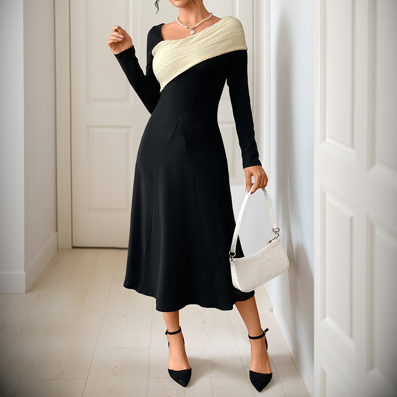 Sexy Elegant Waist-controlled Large Hem Type Irregular V-neck Color-matching Dress
