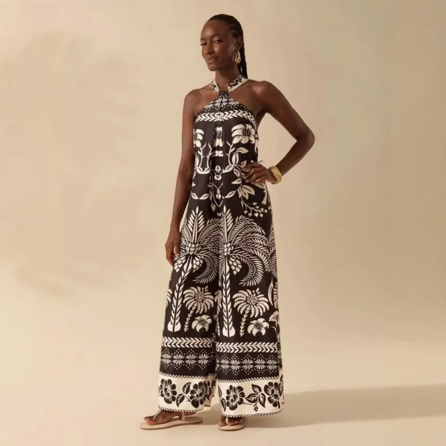 Women's Printed Fashion Halter Sleeveless Pants Black - Shop at LoveMi