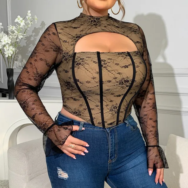 Large Size For Girl Mesh Low cut Steel Ring Fishbone Long sleeved Top Black - Shop at LoveMi