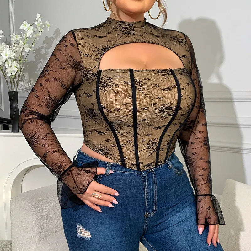 Large Size For Girl Mesh Low-cut Steel Ring Fishbone Long-sleeved Top - Black