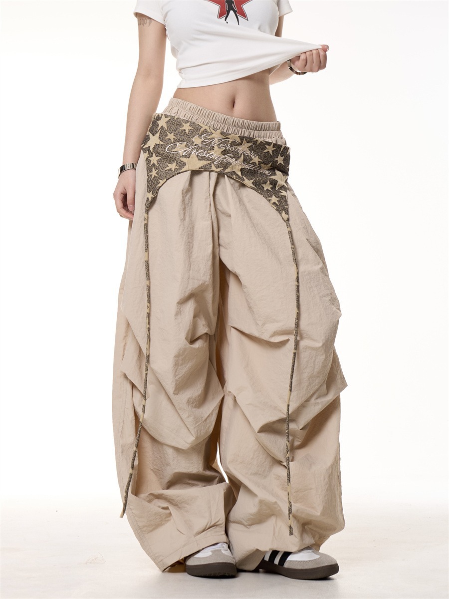 Womens Relaxed Casual American-style Layered Design Cargo Pants With Tie Details
