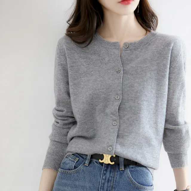 Women's Solid Color Loose Round Neck Knitted Sweater Coat Gray - Shop at LoveMi
