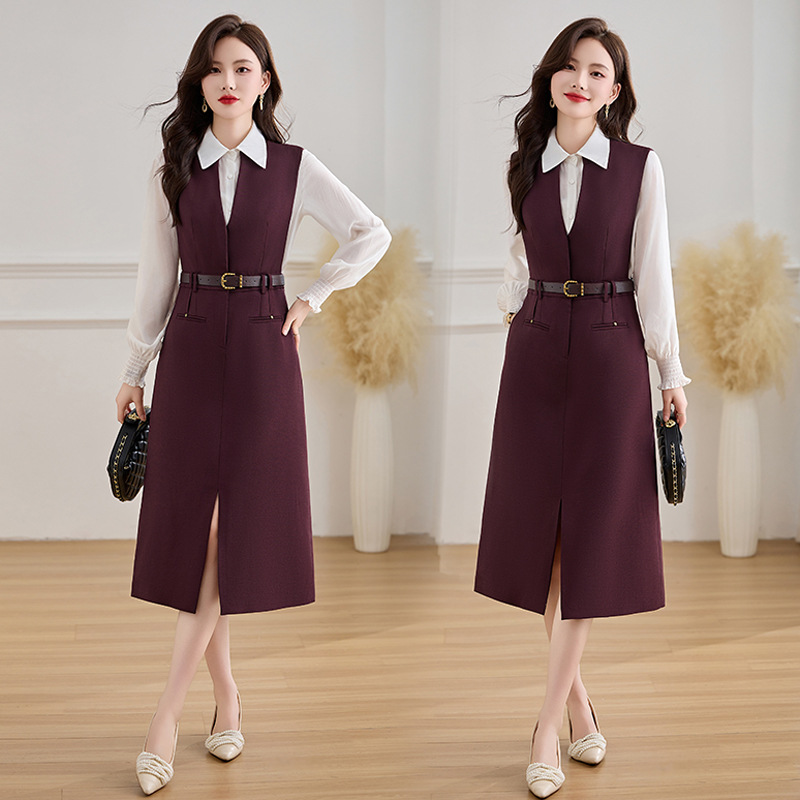 Long-sleeve Shirt And Vest Dress Two-piece Set