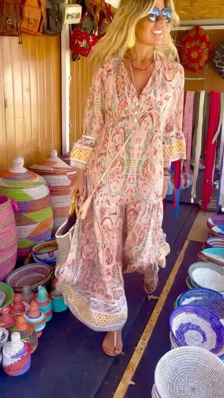 Women's V-neck Vintage Print French Style Long Sleeve Loose Dress