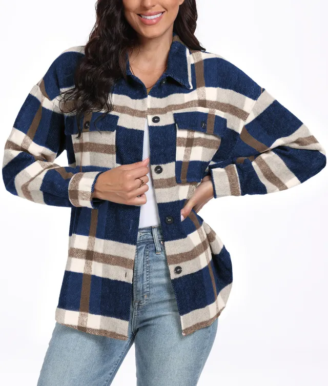 Women's Long Sleeve Striped Plaid Long Sleeve Navy Blue - Shop at LoveMi