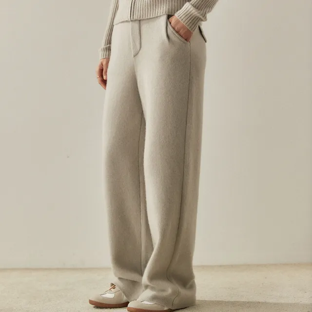 Thick, Draping Straight leg Figure flattering High waisted Knitted Cashmere Wide leg Pants For Women White - Shop at LoveMi