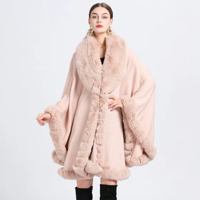 Fur Collar Shawl Cape Knitted Cardigan Baggy Coat Pink - Shop at LoveMi