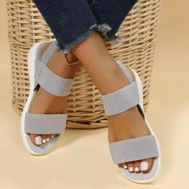 Casual Elastic Band Back Strap Flyknit Polyurethane Flat Sandals For Women Gray - Shop at LoveMi