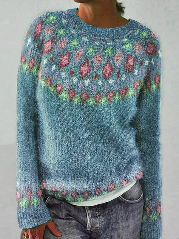 Round Neck Multicolor Loose Fashion Pullover Sweater Blue - Shop at LoveMi