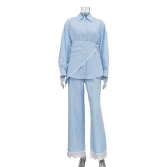Patchwork Striped Lapel Long-sleeve Shirt Casual Wide-leg Pantsthree-piece Set - Blue - View 1