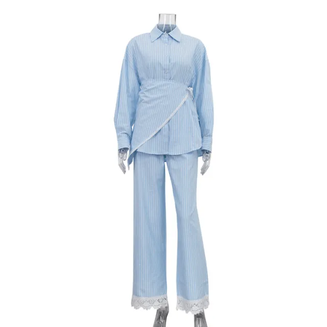Patchwork Striped Lapel Long sleeve Shirt Casual Wide leg Pantsthree piece Set Blue - Shop at LoveMi