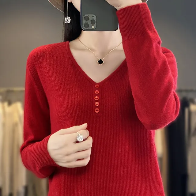 Women's Long sleeved Sweater Top With Tie Buckle Cherry Red - Shop at LoveMi