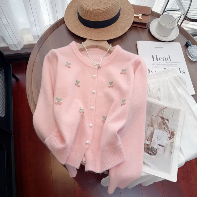 French Sweet Gentle Soft Glutinous Round Neck All matching Anti aging Sweater Coat Pink - Shop at LoveMi