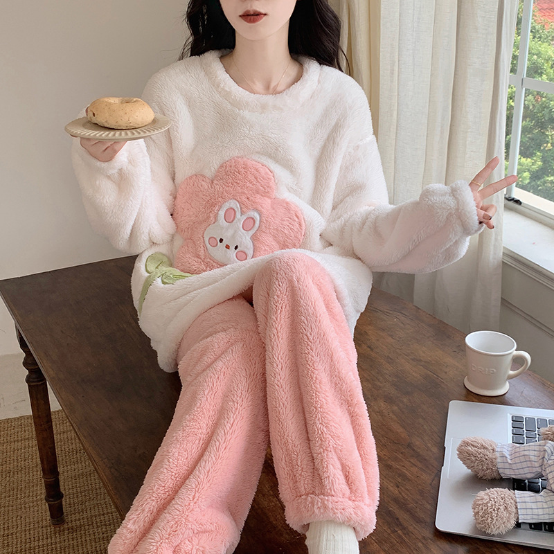Flannel Pajamas Female Sweet Girl Crew Neck Casual Student Thickened Warm Can Be Outerwear Homewear