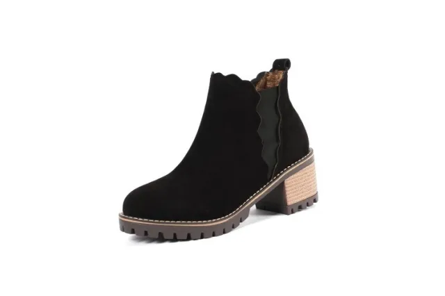 Suede Plus Size Round Head Chunky Heel Short Women's Boots Black - Shop at LoveMi