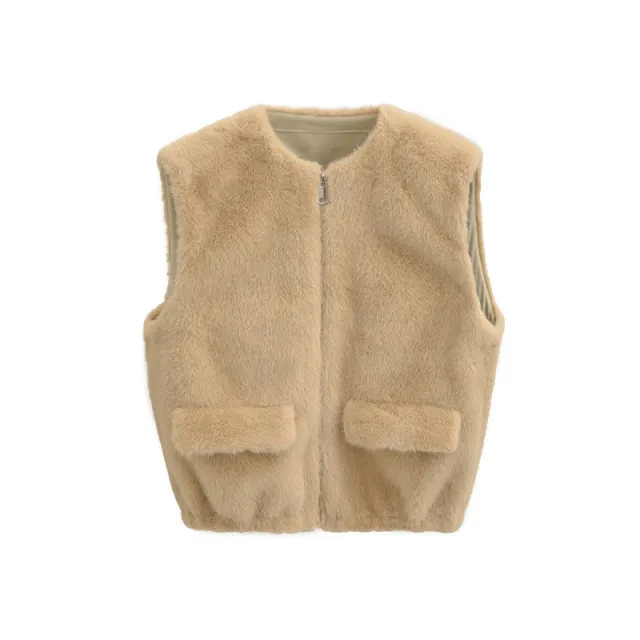 Women's Faux Fur Zipper Waistcoat Khaki - Shop at LoveMi