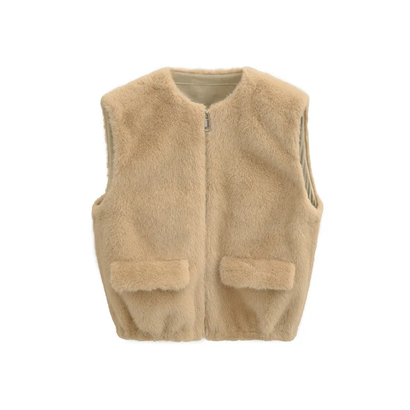 Women's Faux Fur Zipper Waistcoat - Khaki