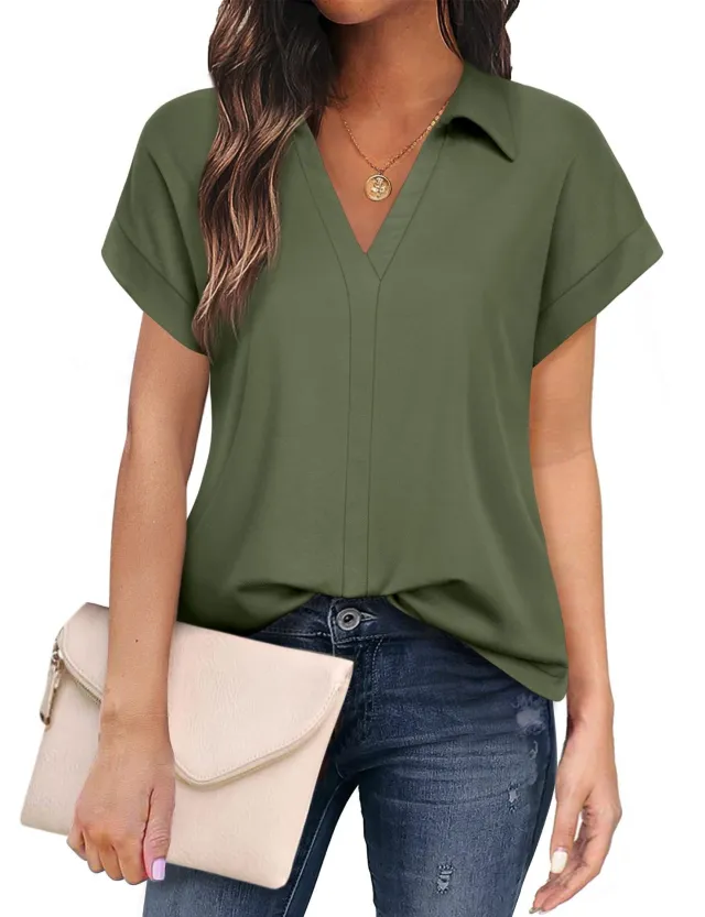 Solid Color Business Casual Women's Short sleeved Shirt Army Green - Shop at LoveMi