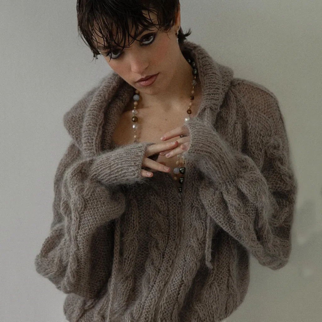 Solid Color Thick Needle Hooded Cable-knit Sweater Hollow Design Zipper Top Winter - Brown