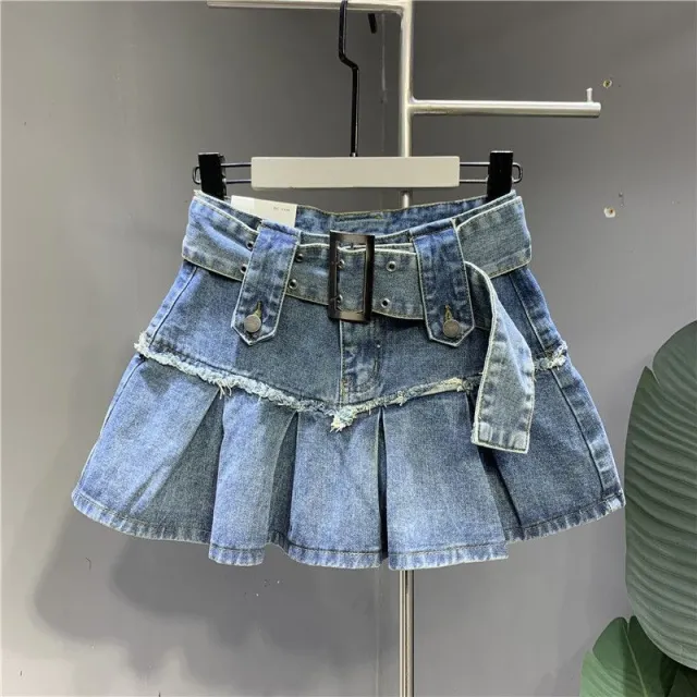 Retro Light Blue Sweet Girl Pleated Denim Skirt Small Slim A Line Skirt Light Blue Lined Belt - Shop at LoveMi