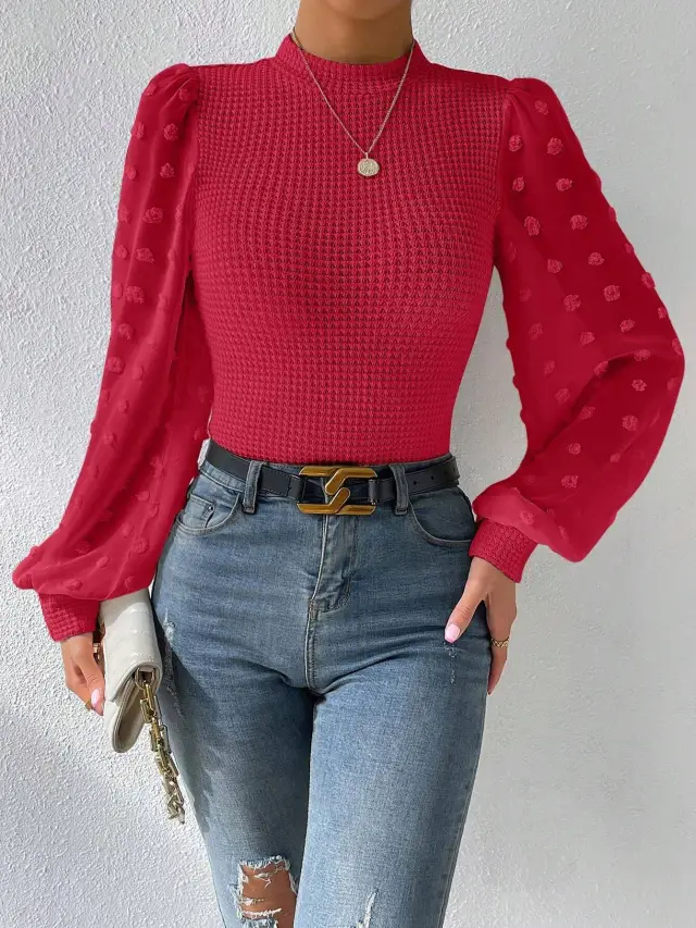 Women's Knitwear Round Neck Stitching Long Sleeve Red - Shop at LoveMi
