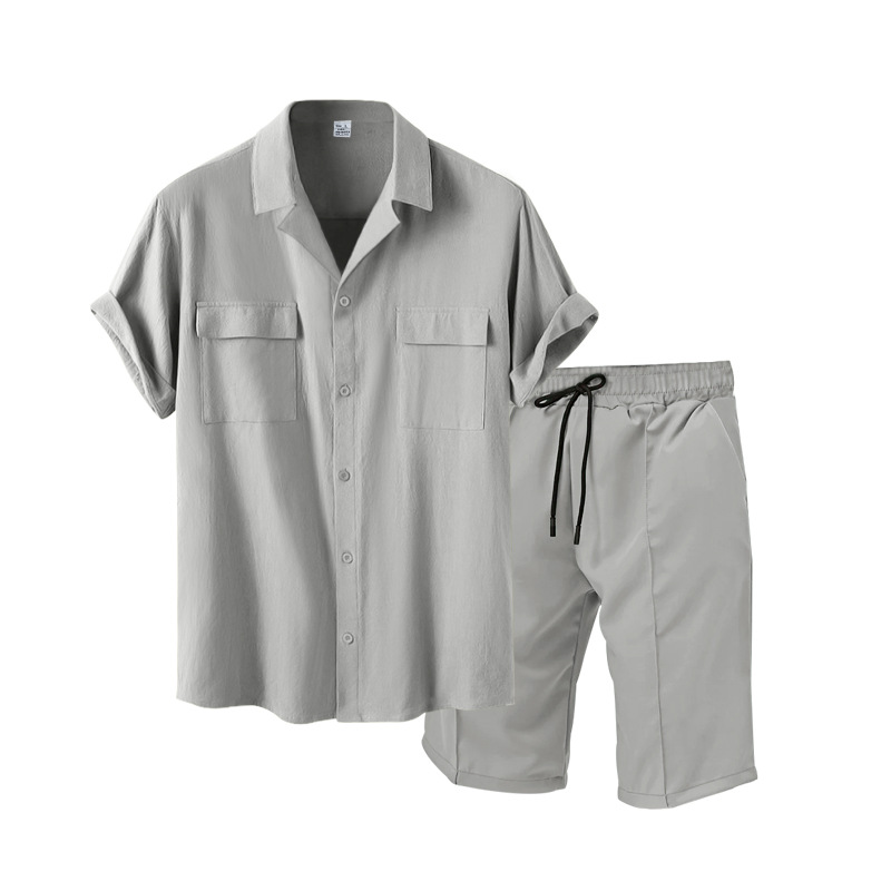 Summer Casual Lapel Versatile Mens Plus-size Solid-color Short-sleeve Shirt