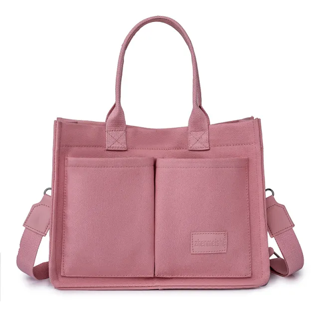Casual Daily Canvas Tote Shoulder Bags Women Mommy Bag Large Capacity Messenger Multi Pocket Crossbody Chic Reusable Hand Bag Pink - Shop at LoveMi