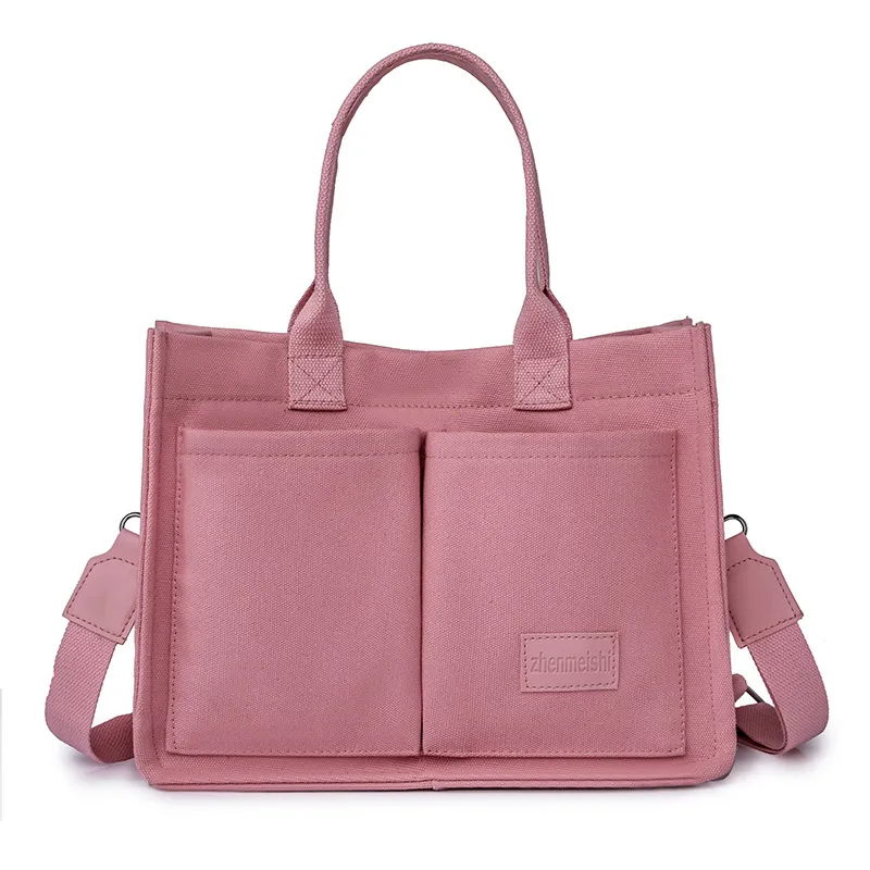 Casual Daily Canvas Tote Shoulder Bags Women Mommy Bag Large Capacity Messenger Multi Pocket Crossbody Chic Reusable Hand Bag - Pink