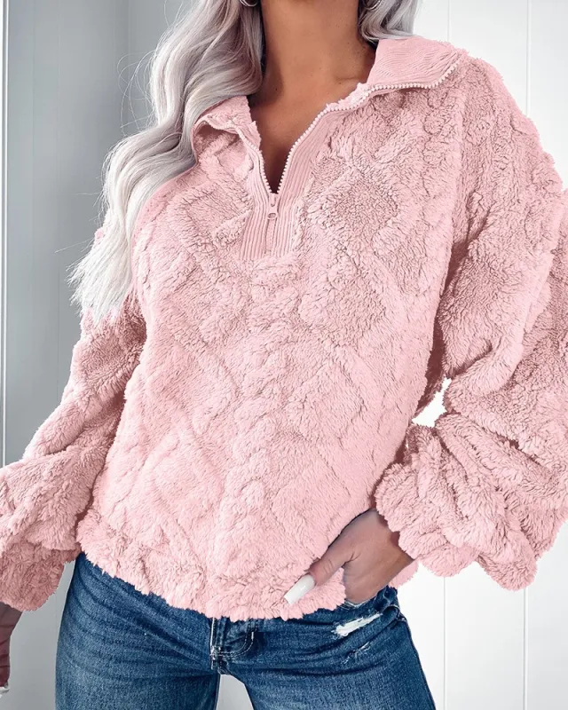 Simple Solid Color Half Zipped Stand Collar Loose Fleece Sweatshirt Pink - Shop at LoveMi