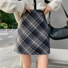 Women's Woolen Plaid High Waist Hip Skirt - Gray - View 1