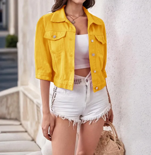 Women's Colorful 34 Sleeve Denim Jacket Coat Yellow - Shop at LoveMi