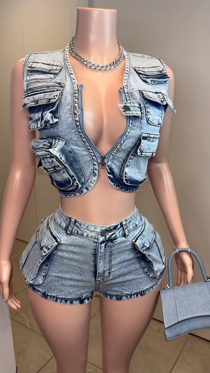 Women's Multi-bag Vest Casual Denim Suit