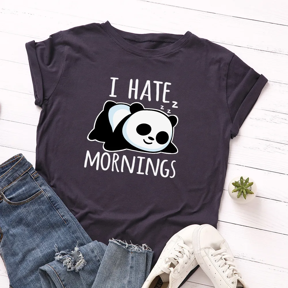 Women's Loose Round Neck Short Sleeve T-shirt Female Spoof Panda - Purplish Blue