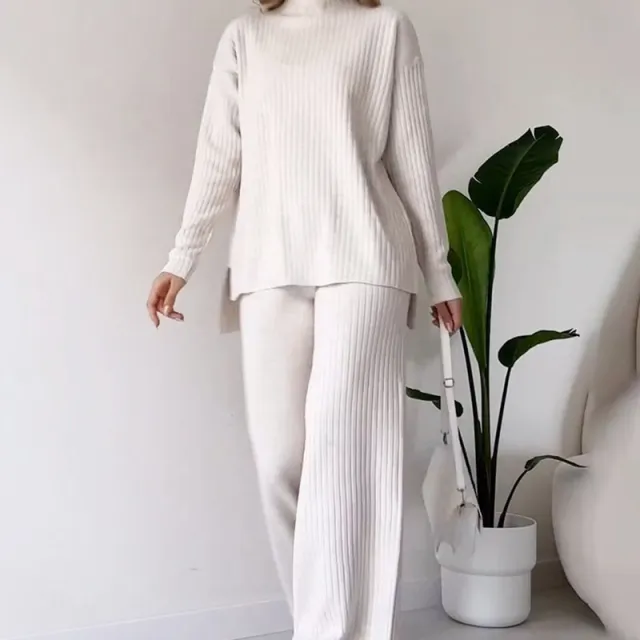 Turtleneck Knitted Suit Loose Split Design Long sleeved Top And Straight Trousers Fashion Casual Solid Set Women's Clothing White - Shop at LoveMi