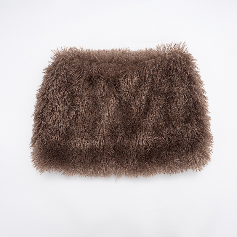 Fuzzy Collar Brown Patchwork Skirt Set for Autumn Winter Fuzzy Collar Brown Patchwork Skirt Set for Autumn Winter