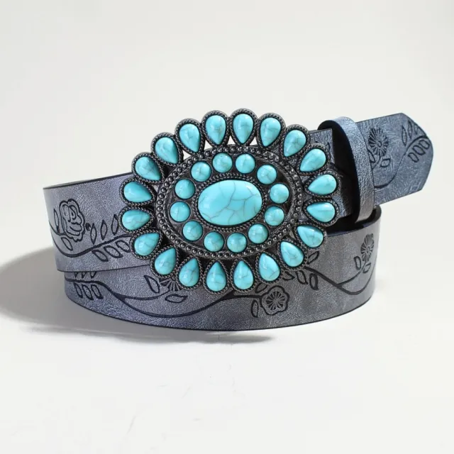 Flow New Rose Pattern Printed Green Pine Beads Alloy Buckle Characteristic Belt Female Gray - Shop at LoveMi