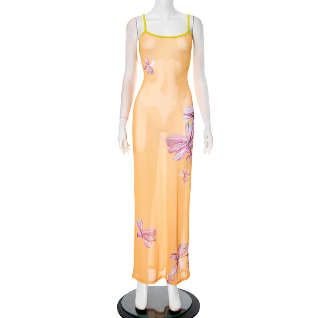 European And American Sleeveless Sexy See through Spaghetti strap Floral Print Dress Yellow - Shop at LoveMi