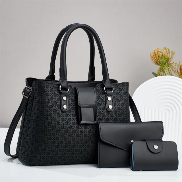 Three piece Textured Large Capacity Women's One Shoulder Crossbody Bag Black - Shop at LoveMi