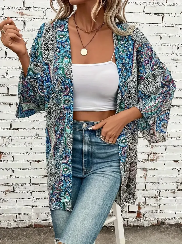 Ethnic Print Round Neck Shirt Bohemian Holiday Long Sleeve Shirt 3 Colors L - Shop at LoveMi