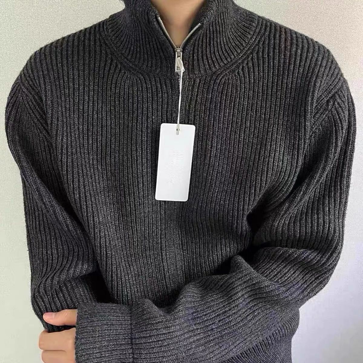 Mens Cardigan Sweater With Stand Collar And Zipper Jacket