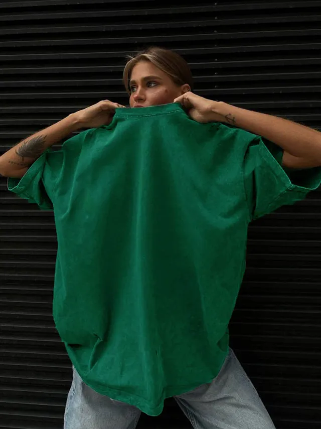 Washed Old Short sleeved T shirt European And American Relaxed Casual Round Neck Grass Green - Shop at LoveMi